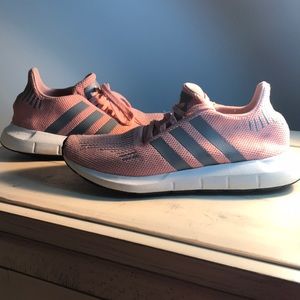 Pink and grey adidas tennis shoes